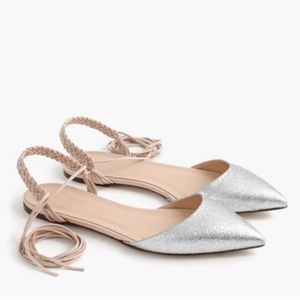 J. CREW Silver Glitter Lace Up Slingback Flats